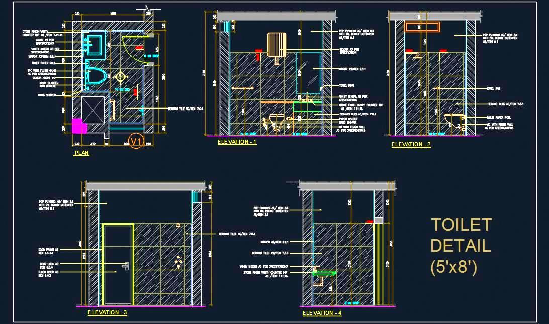 5'x8' Bathroom DWG- WC, Basin, and Shower Area Layout